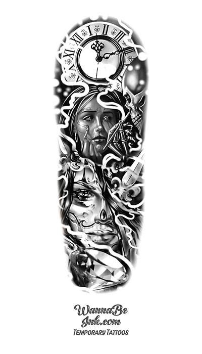 Clown Woman Tattoo, Clown Woman, Half Sleeve Tattoo Stencils, Half Sleeve Tattoos Forearm, Chicano Tattoos Sleeve, Lion Tattoo Sleeves, Card Tattoo Designs, Egiptul Antic, Realistic Tattoo Sleeve