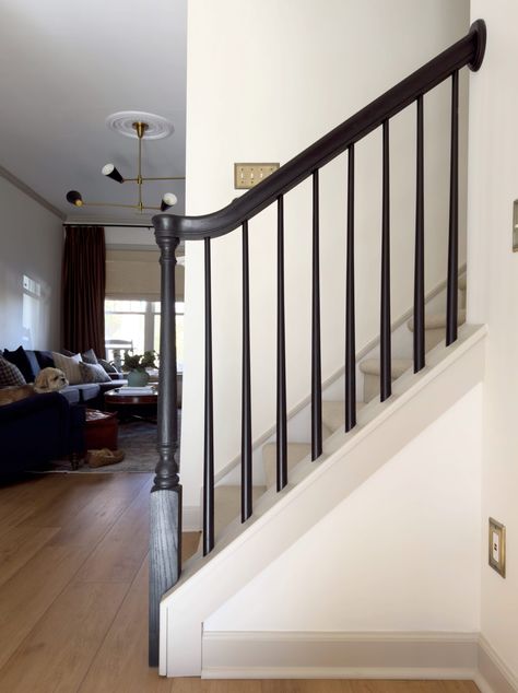 Update a Pony Wall Stair Rail with a Banister - Oak & Grain Home Wood Railing With Black Spindles, Light Floors Dark Stairs, Black Bannister Rail, Black Stair Spindles With Wood Railing, Re Bar Stair Railing, Banisters And Railings, Remove Wall Add Stair Rail, Iron Spindle Staircase Wood Railing, Oak Banister