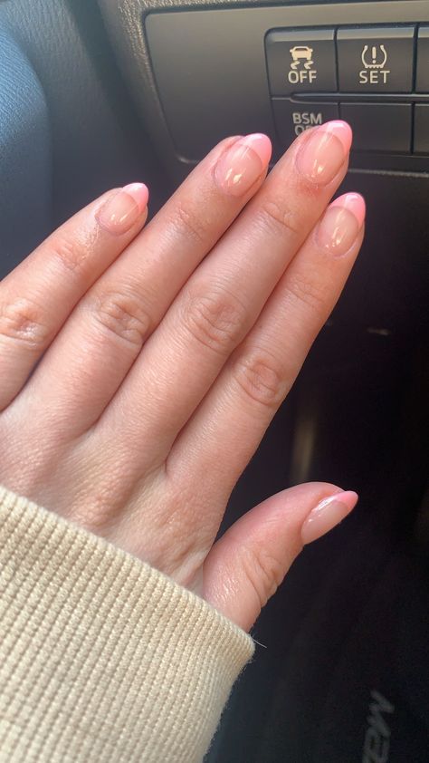 Light pink French tip almond nails Almond Light Pink Nails French Tip, Light Pink French Nails Tips, Light Pink French Tip Nails Oval, Spring Nails Full Color, Short Almond Acrylic Nails Pink French Tip, Short Oval French Tip Nails Pink, Pink French Tip Nails Almond Short, Short Light Pink French Tip Nails, Light Pink Almond French Tips