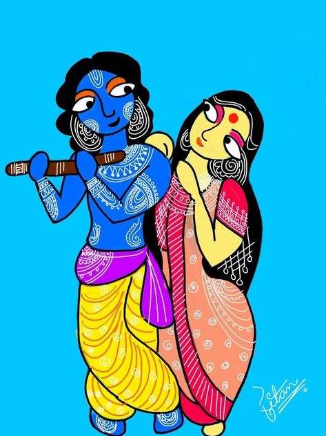 Kalighat Paintings Art, Kalighat Paintings Easy, Bengal Art Paintings, Kalighat Paintings Folk, Painting Of Radha Krishna, Kalighat Paintings, Indian Contemporary Art, Arte Yoga, Bengali Art