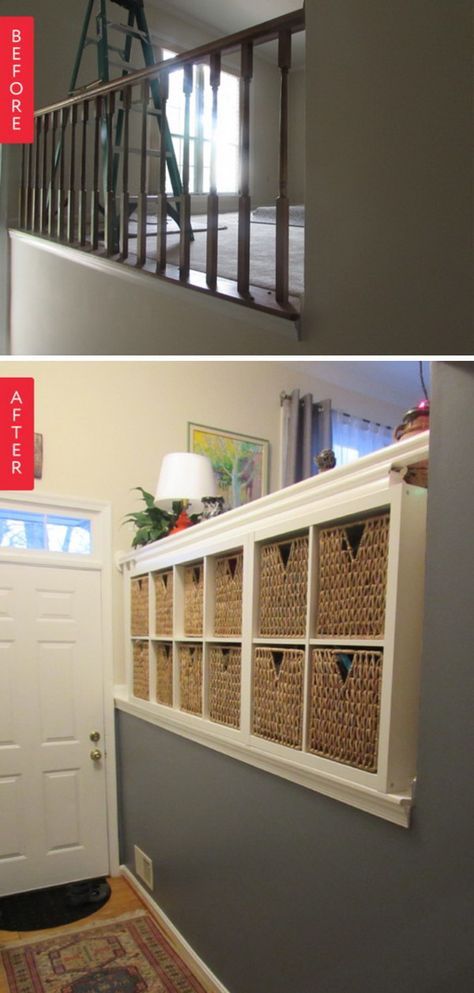 From Balustrade to IKEA Built In Storage. Split Level Ideas, Split Entry Remodel, Remodel Stairs, Split Level Entryway, Stair Railing Makeover, Renovation Plan, Split Level Remodel, Ikea Built In, Stairs Renovation