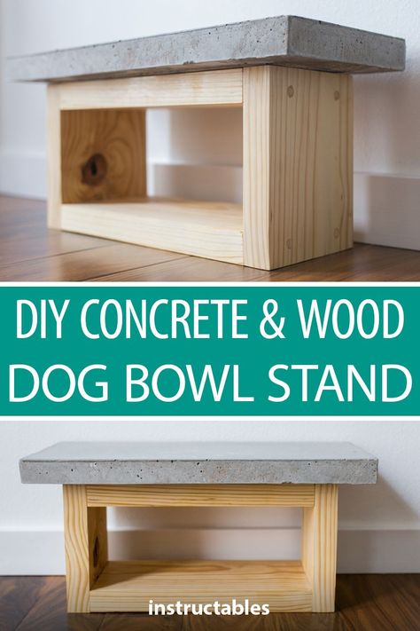 This dog bowl stand made from concrete and wood, is both stylish and useful. #furniture #pets #woodworking #workshop #woodshop #quickrete #modern #cat #molding Dog Dish Stand Diy, Diy Dog Bowl Stand, Diy Dog Bowl, Wood Dog Bowl Stand, Wood Crafts Furniture, Concrete And Wood, Wood Furniture Plans, Stone And Wood, Dog Bowl Stand