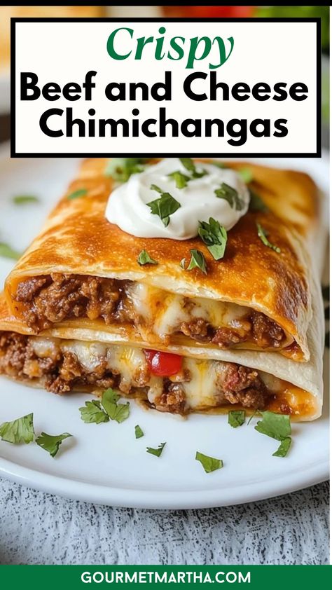 These Crispy Beef and Cheese Chimichangas are a must-try for anyone craving a hearty, flavorful meal! Perfect for lunch, dinner, or even as a snack, these chimichangas are filled with seasoned beef, melty cheese, and wrapped in a golden, crispy shell. Easy to make and totally satisfying, they’re a favorite in Mexican cuisine, bringing you the ultimate combination of crispy, cheesy, and savory all in one bite! Whether you're looking for a delicious dinner idea or a satisfying snack, these ... Easy Beef Chimichanga Recipe, Healthy Chimichanga Recipe, Ground Beef Chimichangas Baked, Family Weeknight Dinner Ideas, Baked Beef Chimichanga Recipe, Simple Mexican Recipes Easy Dinners, Recipes With Mexican Cheese, Beef Enchiladas With Queso Sauce, Mexican Chimichanga Recipe