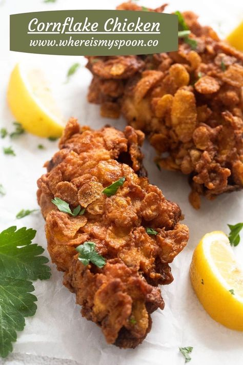 Cornflake fried chicken is a delicious dish of crispy fried chicken breast pieces coated with a mixture of cornflakes and seasoning. Crispy Fried Chicken Breast, Chicken Breast Pieces, Cornflake Chicken, Crispy Chicken Burgers, Dominican Food, Fried Chicken Breast, Mint Sauce, Crispy Fried Chicken, Mango Recipes