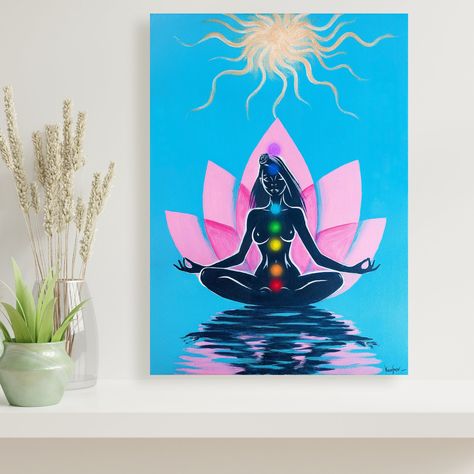 Excited to share this item from my #etsy shop: Yoga Lotus Pose Art Print - Painting, Woman in Meditation 7 chakras Portrait, Namaste Asana Wall Art home decor, Blue Pink Golden, Om Gifts Chakra Painting, Pose Art, Yoga Lotus, Home Decor Blue, Painting Woman, Lotus Yoga, Lotus Pose, Print Painting, 7 Chakras