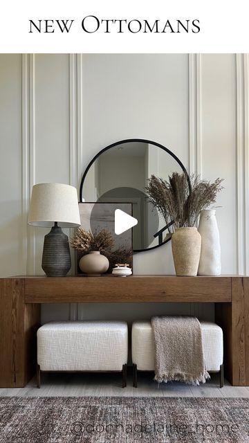 Donna Delaine Dyck / Home decor & design on Instagram: "Just finishing up with some Fall styling around my home ✨ And my entryway has a pretty new look with these ottomans! 

Two of the Sakura benches from @daladecor ..a perfect fit under my console table. 
They’re a pretty modern style, creamy white tweed upholstery (the texture is so beautiful), with dark bronze metal legs. 

I love having ottomans in the entryway. Not only are they a pretty aesthetic, but they’re also handy to pull out and use for putting on shoes, etc..✨

I’ll share a closer look in stories and a link to save 10% ! 
Or comment ‘shop’ for links sent directly to you! 

.
.

#fallstyling #gifted #console #ottomans #neutraldecor #neutralhome #interiors #homeinspiration" Ottoman Under Entry Table, Entry Way Table With Ottoman, Console With Ottomans Underneath, Ottoman Under Console, Ottoman Under Console Table, Dark Bronze Metal, Top Sofas, Sofa Images, Console Table Living Room