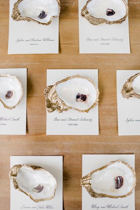 Oyster Shell Seating Cards, Boat Seating Chart, Shell Seating Chart Wedding, Coastal Wedding Seating Chart Ideas, Oyster Seating Chart Wedding, Coastal Wedding Place Settings, Seashell Seating Chart, Coastal Table Numbers, Romantic Coastal Wedding