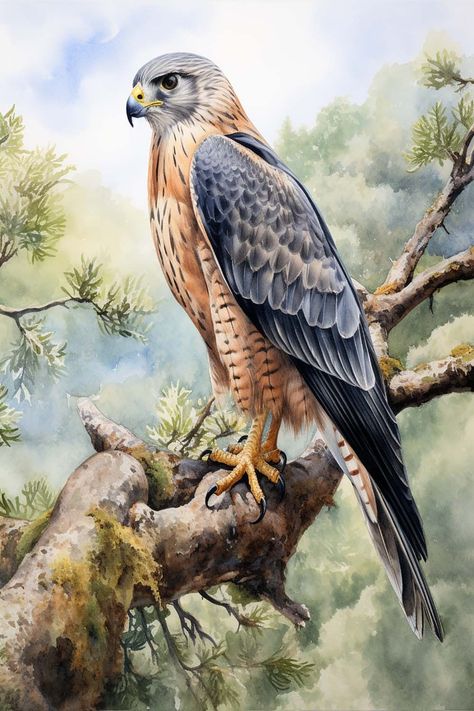 A Falcon's Solitude" captures a scene of majestic reprieve as this iconic raptor perches upon a solitary branch Falcon Painting, Bird Parakeet, Raptor Bird Of Prey, Falcon Art, Raptors Bird, Nature Inspired Art, British Birds, Eagle Bird, Peregrine Falcon