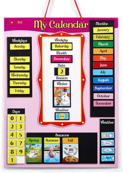 ZazzyKid Magnetic Wall Calendar for Kids: Learn Today's Date, Weekday, Month, Season, Weather Chart Weather Chart For Kids, Kindergarten Calendar, Attendance Chart, Play Wall, Preschool Calendar, Pink Toys, Season Calendar, Weather Chart, Classroom Charts