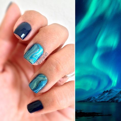 Iceland Inspired Nails, Norway Nails Designs, Nails For Iceland, Iceland Nails Designs, Northern Lights Nail Designs, Alaska Nails Ideas, Northern Lights Nail Art, Northern Light Nails, Alaskan Cruise Nails