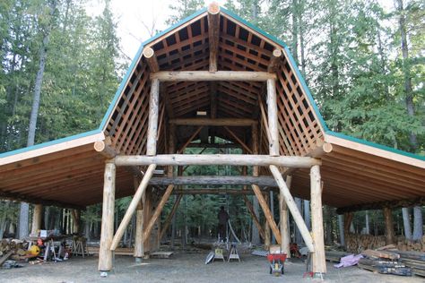 Post And Beam Cabin, Barn Style Garage, Organic Building, Home Climbing Wall, Timber Frame Pavilion, Post And Beam Barn, Barn Plan, Farm Shed, Horse Barn Plans