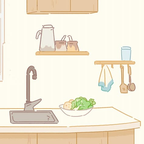 Kitchen Cute Drawing, Kitchen Scene Drawing, Aesthetic Kitchen Drawing, Cute Kitchen Drawing, Animated Kitchen, Cleaning Drawing, Purrfect Tale, Kitchen Icon, Kitchen Drawing