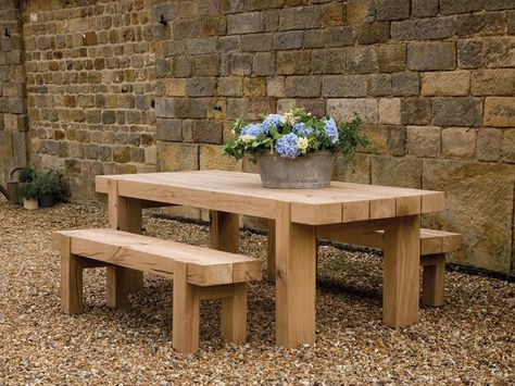 Indigo Furniture, Wooden Garden Furniture, Table And Bench Set, Oak Bench, Bench Set, Durable Furniture, Oak Table, Solid Wood Dining Table, Wooden Garden