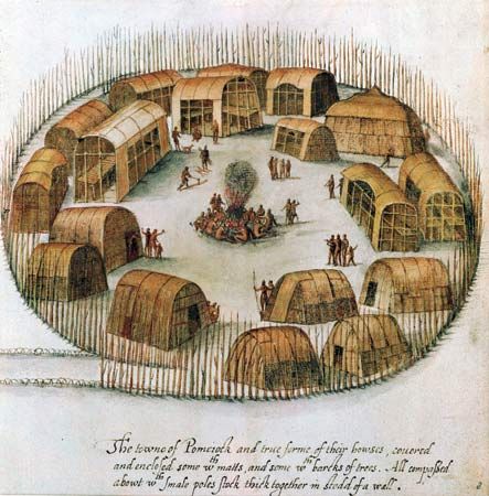 Sketch of the Algonquin village of Pomeiock, near present-day Gibbs Creek, N.C., showing huts and longhouses inside a protective palisade, c. 1585; in the British Museum, London. Algonquin Indian, Native American Language, Native American Village, Woodland Indians, Roanoke Island, Eastern Woodlands, Indian Village, English Artists, Native American Tribes