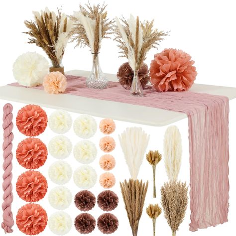 PRICES MAY VARY. Boho Wedding Table Decoration Set: you will receive 110 pieces pampas grass bouquet, 20 pieces dusty rose pink paper pom poms and 1 piece of rustic table runner, nice 131 pcs boho themed party supplies, could decorate the elegant and romantic party you want Neutral Dried Floral Grass: contains 50 bunny tails dried flowers, 20 mini reed grass, 15 white pampas, 15 brown pampas; 5 white reeds and 5 brown reeds, a total of 110 pcs; Dried floral arrangements are naturally dried and p Rose Gold Boho Birthday Party, Girly Fall Baby Shower Decor, Boho Baby Shower Backdrop Ideas, Pampas Party Decor, Dusty Rose Baby Shower Theme, Bohemian Theme Party Decoration, Boho Baby Shower Ideas Decoration, Boho Baby Shower Centerpieces, Pink Cheesecloth Table Runner