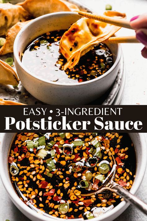 This super quick Potsticker Sauce is easy to make with just 3-ingredients! It’s savory, tangy, and packed with umami goodness. The perfect sauce for gyoza, potstickers, spring rolls, and more! Homemade Potsticker Sauce, Fried Potstickers Recipe, Vegetable Potstickers Recipe, Healthy Pot Stickers, Gluten Free Potstickers Recipe, Easy Potsticker Sauce, Spicy Potsticker Sauce, Potsticker Meal Dinners, Pot Sticker Recipe