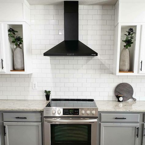 Black Range Hood Gray Cabinets, Black Hood Over Stove, Black Extractor Hood, Black Hood Range White Cabinets, Black Hood Fan Kitchen, White Cabinets Black Hood, White Kitchen Black Hood, Black Hood Vents Kitchen, Black Oven Hood