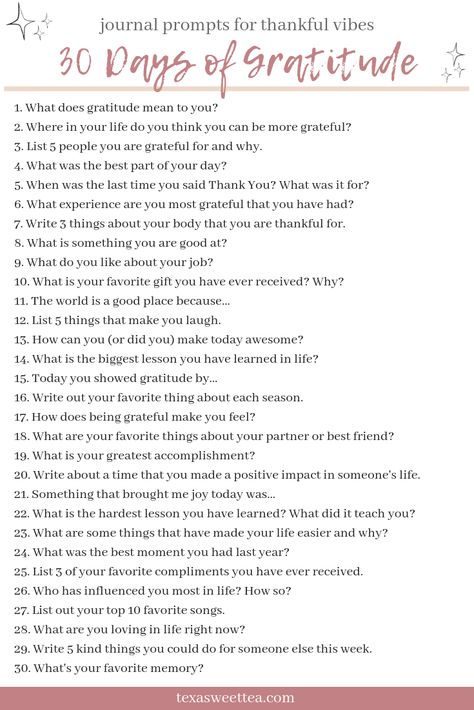 30 Journal Prompts for 30 Days of Gratitude | texasweettea.com 30 Gratitude Journal Prompts, Mindfulness Prompts For Adults, Adult Journaling Prompts, Journal Prompts Gratitude, 5 Minutes Journal, 30 Journal Prompts, Bullet Journal Design, 30 Days Of Gratitude, Journal Prompts For Adults