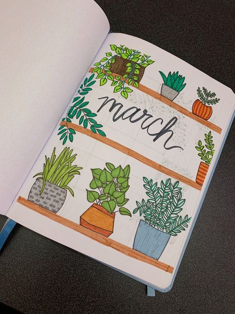 Plants Cover Page, March Bullet Journal Cover, Dotted Bullet Journal, Journal Cover Page, Bullet Journal Work, March Bullet Journal, Project Cover Page, Bullet Journal Cover, Plant Doodle