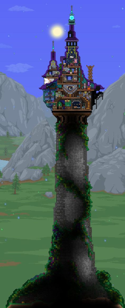 I built it from building plans found on pinterest. Terraria Tower, Rapunzel's Tower, Terraria House Ideas, Terraria House Design, Rapunzel Tower, Minecraft Drawings, Tower Building, Minecraft Architecture, Terraria