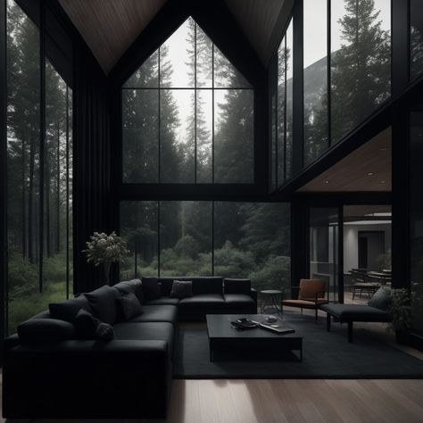 Luxury Home Interior Aesthetic, Modern Black Aesthetic House, Houses Dark Aesthetic, Dark Nature House Aesthetic, Luxury Black Interior, Home Black Aesthetic, All Black Homes, Dark Nature House, Dark Houses Modern