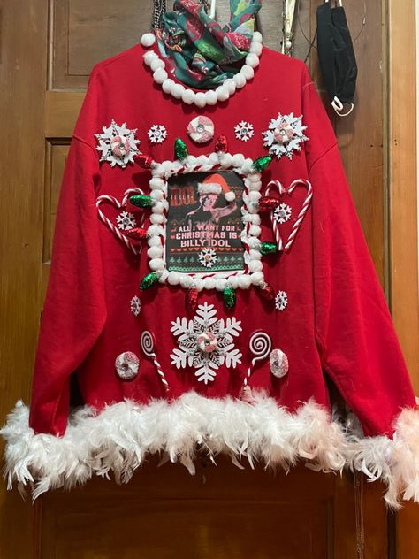 Made my first “Ugly Christmas Sweater” with Billy Idol as the center piece. Candy canes, Christmas Lights, Snowflakes on a red sweatshirt. So Festive Ugly Sweater Ideas, Sweater Ideas, Billy Idol, Red Sweatshirt, Homemade Candies, Candy Canes, Christmas Baby, Ugly Sweater, All Things Christmas