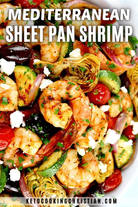 Sheet Pan Mediterranean Shrimp, Ww Mediterranean Recipes, Mediterranean Diet Shrimp, Mediterranean Shrimp Recipes, Mediterranean Sheet Pan Dinners, Mediterranean Sheet Pan, Mediterranean Keto, Mediterranean Shrimp, Keto Fish