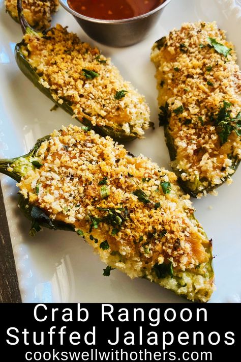 stuffed jalapenos on a plate topped with breadcrumbs Crab And Cream Cheese, New Years Eve Snacks, Stuffed Jalapeños, Stuffed Jalapenos, Jalapeno Recipes, Yummy Seafood, Crab Rangoon, Appetizers Easy Finger Food, Game Day Snacks