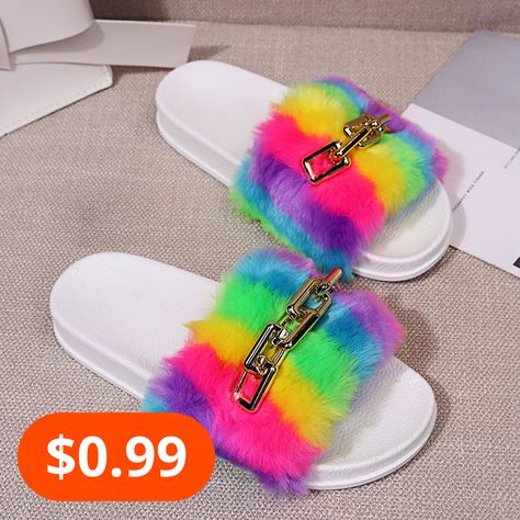 Slippers With Fur, Rainbow Slippers, Rainbow Plush, White Casual Shoes, White Fashion Casual, Fluffy Slippers, Black Platform Shoes, Women Platform Shoes, Casual Leather Shoes