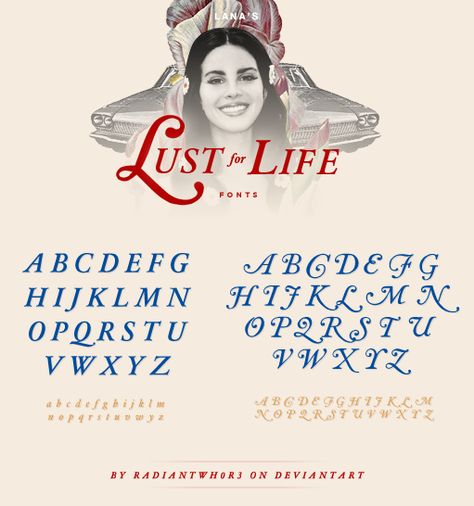 ＦＯＮＴ hoy Lana publicó la portada de su nuevo álbum y me alegro todo el día que linda es la amo mucho. Este pack contiene las dos fonts usadas para el titu... Lana Del Rey Font Name, Lana Del Rey Typography, Lana Del Rey Lust For Life, Cotcc Lana, Lana Del Rey Font, Lust For Life Tattoo, Lana Del Rey Tattoos, Lana Del Rey Albums, Lana Del Rey Art