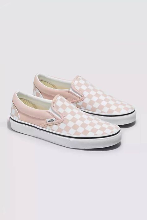 Vans Checkerboard Classic Slip On Sneakers for Women in Rose Smoke Vans Shoes For Men, Check Vans, Closet Revamp, Vans Slip On Shoes, Vans Original, Clothing Reference, Vans Checkerboard, Hype Shoes, Vans Slip On