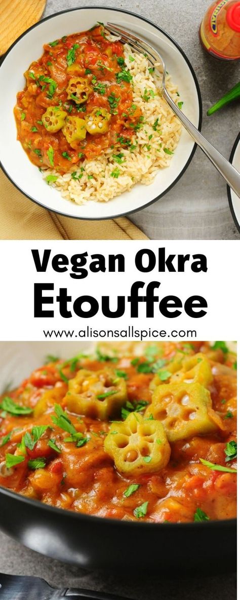 Cajun Okra Recipes, Plant Based Cajun Recipes, Veggie Etouffee, Vegan Okra Stew, Vegetarian Cajun Recipes, Vegan Etouffee, Southern Vegetarian Recipes, Rastafarian Food, Ettouffe Recipe