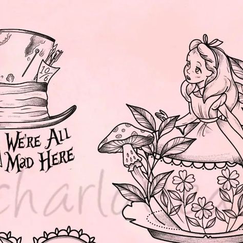 Charlotte Brown on Instagram: "Had lots of requests for Alice in Wonderland flash so here you go  #tattoo #ink #tattooartist #tattooideas #tattooart #traditional #tattoolife #tattoodesign #tattooed #tatuagem #blackandgreytattoo #tattooink #tattooing #tattooflash #tatuajes #tattooist #tatuaje #tattoolove #blackandgrey #tattoostyle #flash #tattooer #instatattoo #aliceinwonderland #aliceinwonderlandtattoo #chesirecat  #uktattooartist" Alice In Wonderland Tattoo Flash Sheet, Alice In Wonderland Tim Burton Tattoo, Alice In Wonderland Flash Tattoo, Tim Burton Tattoo, Alice And Wonderland Tattoos, Go Tattoo, Dark Alice In Wonderland, Cup Tattoo, Wonderland Tattoo