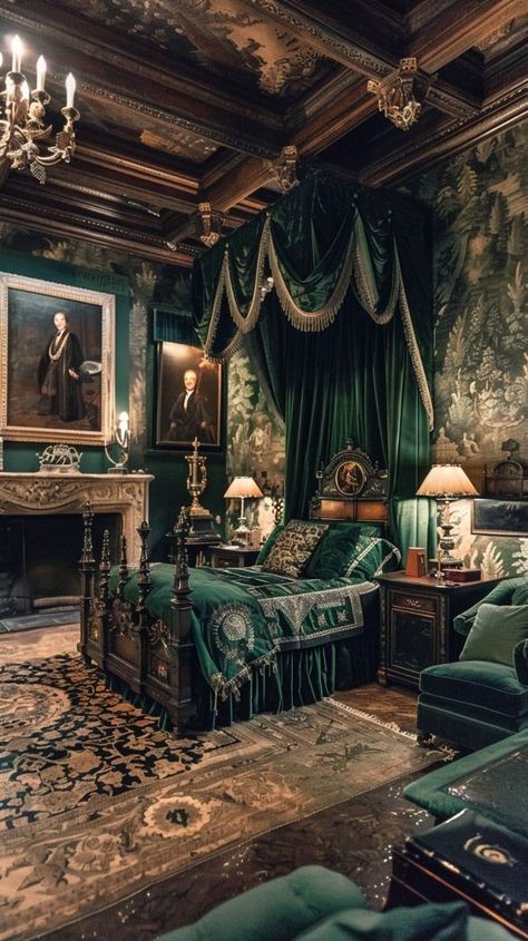 Victorian Mansion Interior Bedrooms, Royal Green Bedroom, Slytherin Bedroom, Victorian Room, Victorian Manor, Castle Bedroom, Gothic Interior, Fantasy Bedroom, Dream Bedroom Inspiration