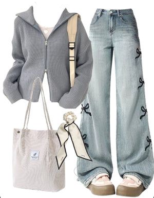 OOTD: Zip Up Cardigan + Bow Jeans + Corduroy Tote Bag | fairypeony Blue Cute Outfits, What To Wear With Jeans, Trendy Modest Outfits, Simplistic Fashion, Jeans Bags Ideas, Aesthetic Ropa, Bow Jeans, Outfits Jeans, Jeans Outfit Women