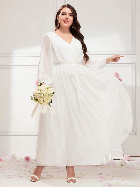 White Romantic  Long Sleeve Chiffon Plain A Line Embellished Non-Stretch All Weddings & Events White Dress Bishop Sleeves, White Dresses With Elastic Bishop Sleeves, White Long Sleeve Flowy Chiffon Dress, White Billowy Dress With Elastic Sleeves, White Chiffon A-line Maxi Dress, Bishop Sleeve, Chiffon Long Sleeve, Wedding Dresses Plus Size, Plus Size Wedding