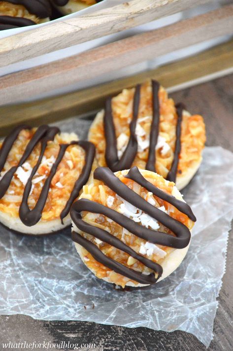 Samoas Cookie Cups Gluten Free Girl Scout Cookies, Samoa Cookies, What The Fork, Mini Tortillas, Dipped In Chocolate, Shortbread Crust, Shortbread Cookie, Gf Desserts, Cookie Cups