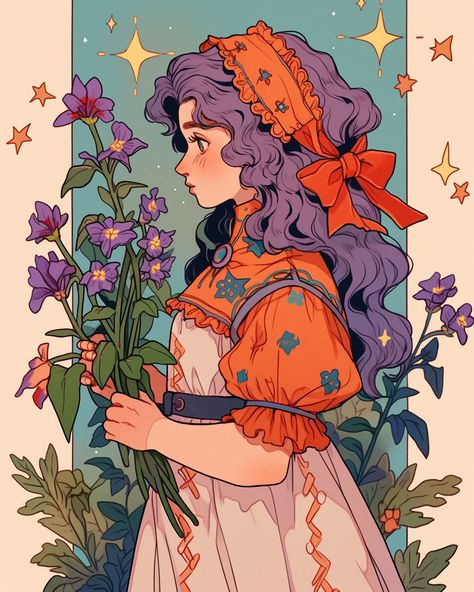 Western Anime Art Style, Cottagecore Art Style, Florist Character Design, Spring Character Design, Botanist Character Design, Cottagecore Character Design, Flower Character Design, Flower Character, Western Anime