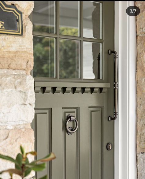 Green House Front Porch, Green Upvc Front Door, Army Green Front Door, Grey Siding Green Door, Dark Green Door Exterior, Green Doors Front Entrance, Farmhouse Single Wide, Sage Front Door, Olive Front Door