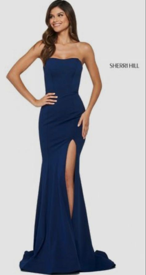 Simple Navy Prom Dress, Strapless Blue Prom Dress, Strapless A Line Prom Dress, Simple Strapless Prom Dress, Blue Strapless Prom Dress, Blue Fitted Sleeveless Dress For Prom Season, Navy Strapless Prom Dress, Chic Blue Strapless Dress For Prom, Blue Strapless Dress With Straight Neckline For Evening