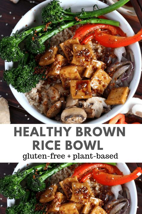 Brown Rice Tofu Bowl + Roasted Vegetables and Soy, Ginger, Garlic Sauce - a healthy option for lunch or dinner! #brownricebowl #buddhabowl #vegetarianrecipes #meatlessmonday Rice Tofu, Healthy Brown Rice, Wooden Skillet, Tofu Bowl, Soy Ginger, Vegan Rice, Brown Rice Recipes, Plant Based Dinner, Vegan Lunch Recipes