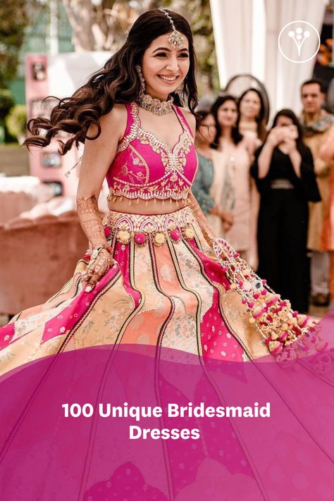 Why wear regular coordinated outfits that the conventional bridesmaids pick when you can do more! Here are 100 of the trending unique bridesmaid dresses for inspiration. Indian Bridesmaid Lehenga, Trending Wedding Dresses Indian, Lehengas For Bridesmaid, Haldi Dresses For Bridesmaid, Wedding Bridesmaid Dresses Indian, Indian Bridesmaids Outfits, Bride Blouse, Classy Bridesmaid Dresses, Bridesmaid Dresses Indian