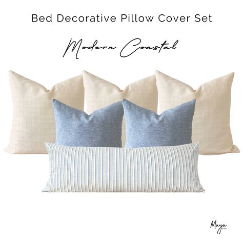 "Linen Pillow cover set for a Modern Coastal and Natural look of your King Bed and Queen Bed. All Pillow Covers are made of Natural Linen & Cotton in Cream and Light Blue Tones: 3 pillow covers: 22\"x22\" Cream Textured Non Dyed Linen (Double Sided) 2 pillow covers: 18\"x18\" Light Blue Soft linen (neutral canvas in the back) 1 Long Lumbar cover: 14\"x36\" Light Blue and Cream Striped (neutral canvas in the back) FEATURES: * pillow insert NOT included * handmade to your order, with a great care. Blue Bed Pillows, Coastal Bed, Modern Coastal Bedroom, Bed Pillow Cover, Pillows Blue, Bed Pillow Covers, Coastal Bedroom, Bed Pillow, Blue Soft