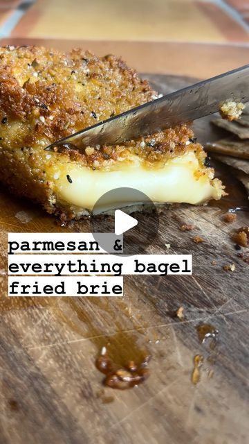 caroline chambers on Instagram: "✨brie are never getting back together✨

like, ever ✌🏻

day 2 of Swifty themed recipes I think you should make for your Super Bowl party! 

parmesan and everything bagel fried brie

* Cooking oil
* 1 egg
* 1/3 cup panko breadcrumbs
* 2 tablespoons grated parmesan
* 2 tablespoons Everything Bagel Seasoning
* Wheel of brie (or a wedge like I used here)
* Honey for drizzling (I used @redclayhotsauce hot honey 🫡)

Instructions
* Warm 1 inch of cooking oil in your smallest skillet over medium heat.

* Crack an egg into 1 bowl and whisk until smooth. In a second bowl combine 1/4 cup panko breadcrumbs with 2 tablespoons grated parmesan and 2 tablespoons of everything bagel seasoning.

* Dip a wheel, half wheel, or wedge of brie into the egg until coated. Then in Everything Bagel Seasoning Dip, Fried Brie, Caroline Chambers, Brie Cheese Appetizer, Themed Recipes, Everything Bagel Seasoning, Bagel Seasoning, Party Food Platters, Hot Honey