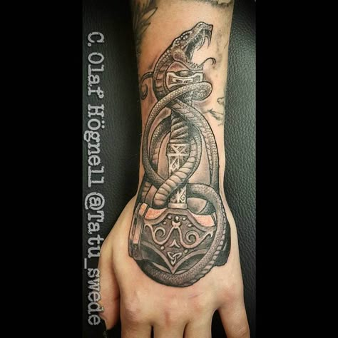 Jormungandr Tattoo, Thor Hammer Tattoo, Mjolnir Tattoo, Viking Tattoos For Men, Thor Tattoo, Hammer Tattoo, Viking Warrior Tattoos, Norse Mythology Tattoo, Scandinavian Tattoo