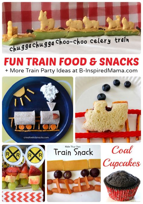 Fun Train Food and Snacks + Train Crafts and Party Ideas, Too at B-InspiredMama.com #kids #trains #funfood #kbn Train Snacks Preschool, Train Snack Ideas, Train Themed Party Food, Train Theme Food Ideas, Train Party Snacks, Train Theme Food, Train Themed Snacks, Train Food Ideas, Transportation Snacks