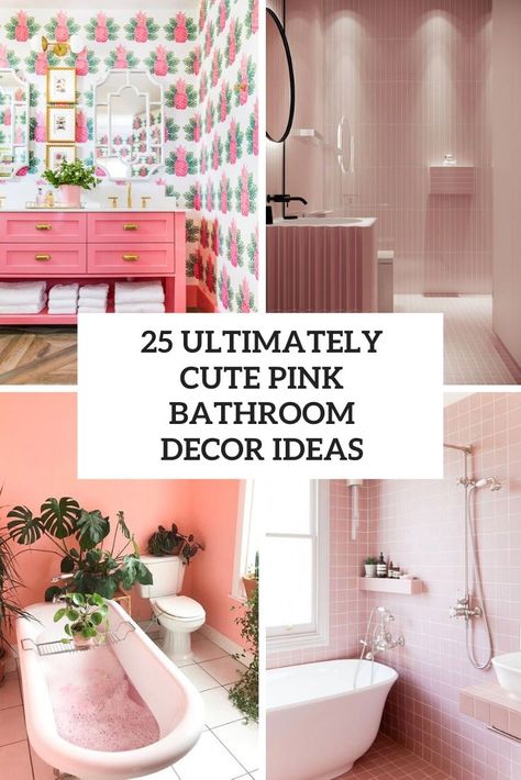 ultimately cute pink bathroom decor ideas cover Cute Pink Bathroom, Pink Tile Bathroom Ideas, Pink Vintage Bathroom, Pink Bathroom Vanity, Pink Bathroom Decor Ideas, Pink Tile Bathroom, Pink Bathroom Tiles, Pink Bathtub, Pink Bathrooms Designs