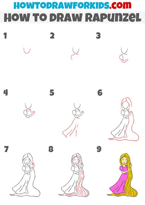 How To Draw Repunzal, Easy Rapunzel Drawings, How To Draw Rapunzel Step By Step, Rapunzel Doodle, How To Draw Rapunzel, Drawing Ideas Disney, Steps Drawing, Rapunzel Drawing, Art Steps