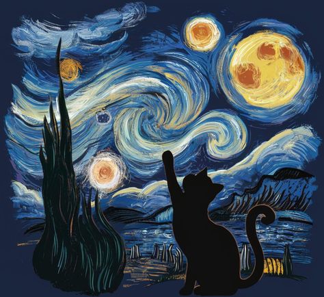 Immerse yourself in the magical fusion of art and mystery with our "Starry Night Black Cat" design. Featuring Vincent van Gogh's iconic "Starry Night" reimagined with an enchanting black cat, this design adds a touch of whimsy to a timeless masterpiece. Cat Starry Night, Vincent Van Gogh Paintings, Famous Artwork, Art Parody, Van Gogh Paintings, Cat Painting, الرسومات اللطيفة, Cat Design, Vincent Van Gogh