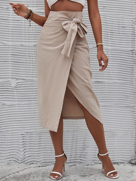 Khaki Boho   Polyester Plain Wrap Embellished Non-Stretch  Women Bottoms Knot Skirt, Women Bottoms, Classic Wardrobe, Outfits Verano, Plus Size Fashion For Women, Urban Outfits, Elegant Outfit, Skirt Outfits, Wrap Skirt